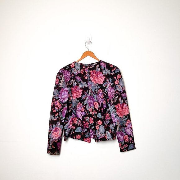 Vintage Purple and Black Floral Structured 80s Blazer Jacket - Picture 9 of 9